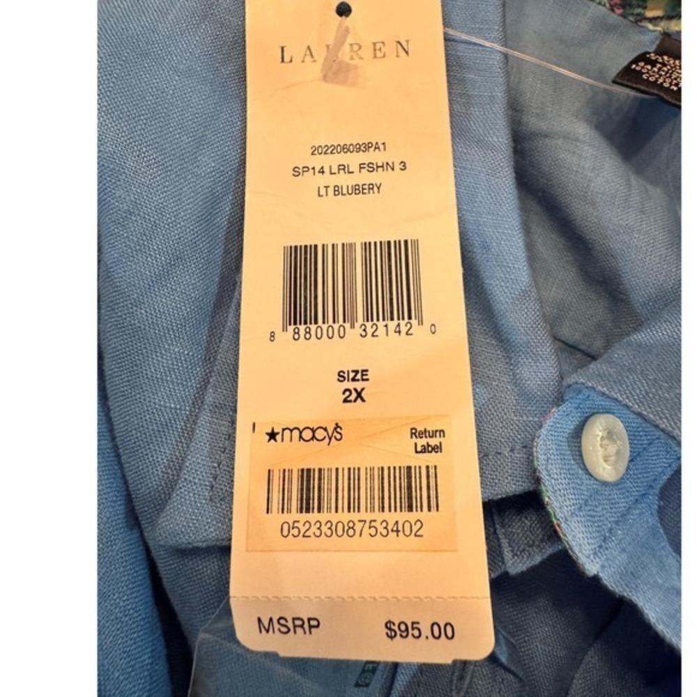 Lauren Ralph Lauren Womens Linen Blend Button Down Sleeve Shirt Blue Large 2X - Picture 11 of 11